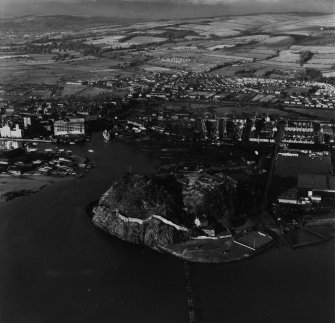Dumbarton, general view, showing Dumbarton Rock and River Leven Tidal Basin.  Oblique aerial photograph taken facing north.  This image has been produced from a print.