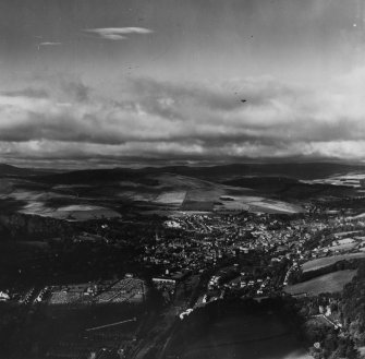 Galashiels, general view, showing Gala Park and Scott Park.  Oblique aerial photograph taken facing west.  This image has been produced from a print.