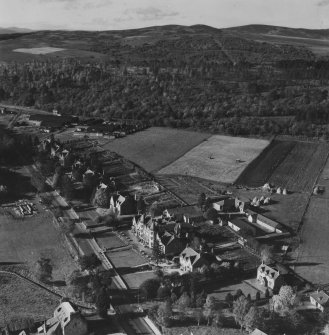 Craiglynne Hotel and Railhead Military Depot, Woodlands Terrace, Grantown-on-Spey.  Oblique aerial photograph taken facing west.  This image has been produced from a print. 