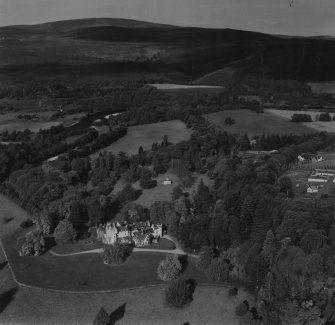 Ballindalloch Castle.  Oblique aerial photograph taken facing north-west.  This image has been produced from a print.