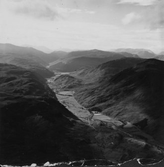 River Meig and Creag Clach Loundrain, Strathconon Forest.  Oblique aerial photograph taken facing south-west.  This image has been produced from a damaged print.