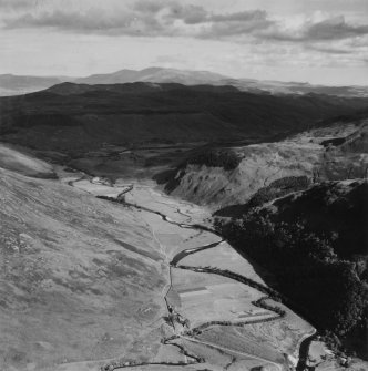 River Meig and Creag na Crannaich, Strathconon Forest.  Oblique aerial photograph taken facing north-east.  This image has been produced from a print.