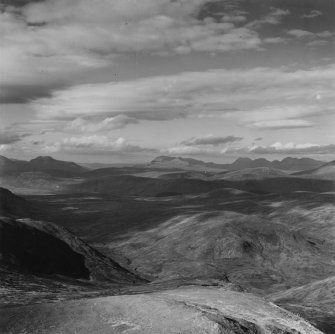 Coireag Bhuidhe and Loch Coire a' Bhuic, Strathconon Forest.  Oblique aerial photograph taken facing north-west.  This image has been produced from a print.