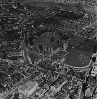 Arbroath, general view, showing Arbroath Abbey and Hayswell Park.  Oblique aerial photograph taken facing north-east.  This image has been produced from a print.