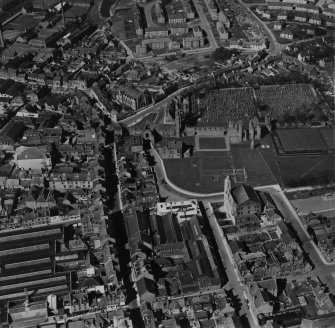 Arbroath, general view, showing Arbroath Abbey and High Street.  Oblique aerial photograph taken facing north.  This image has been produced from a print.