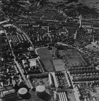 Arbroath, general view, showing Arbroath Abbey and Cairnie Street.  Oblique aerial photograph taken facing west.  This image has been produced from a print.