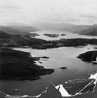 Morar Bay and Loch Morar.  Oblique aerial photograph taken facing east.  This image has been produced from a damaged print.