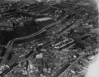 Edinburgh, general view, showing Edinburgh Castle and Edinburgh College of Art, Lauriston Place.  Oblique aerial photograph taken facing north-east.  This image has been produced from a print.