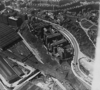 Calton Jail, Regent Road, Edinburgh.  Oblique aerial photograph taken facing north-west.  This image has been produced from a print.