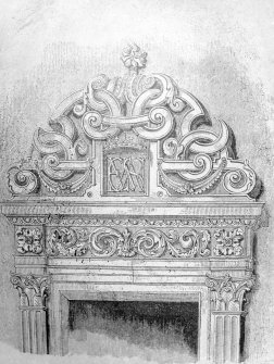 Photographic copy of drawing showing view of door surround.