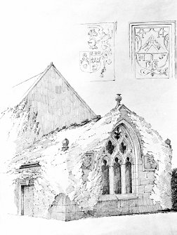 Copy of sketch showing window and detail of heraldry.
