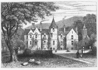 Engraving of Dawyck House, front from lawn.