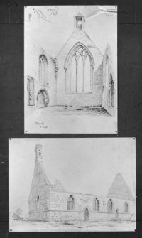 Drawings showing interior of Temple Old Church and general view of Drainie Old Parish Church from SW.