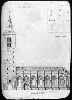 Drawings of south elevation and mason's marks.