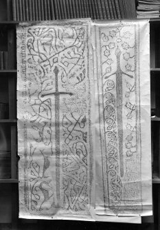 1 a) Rubbing of Grave Slab, Kilmuir Churchyard, Dunvegan, Skye (Parish of Duirnish)
   b) (See also rubbing on In/657)
   2.  Rubbing of grave slab, St. Clement's Church, Rodel, Harris (Inv.Fig.145)