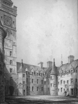 Engraving showing view of quadrangle.
