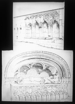Photographic copy of engraving of interior details.