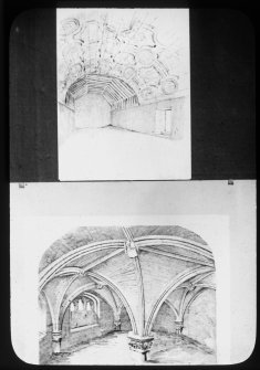 Photographic copy of two drawings.
Interior view of Grandtully Church and interior of Restalrig Parish Church.