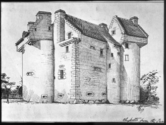 Dundee, Claypotts Road, Claypotts Castle.
Photographic copy of drawing showing West facade.