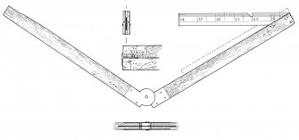 Hardwood carpenter's folding ruler (HXD 328), with with two 9-inch arms and a retractable copper-alloy 6-inch extension at one end. The graduations on the wooden arms have largely been removed by abrasion, though fragments remain, including elements of a Gunter's Table at one folded end.