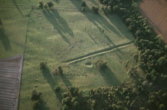 Oblique aerial view of Inchtuthil Roman Fortress showing the remains of Delvine golf course.