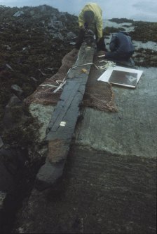 The recovered section of the keel on the slip at Craignure, showing the transverse capping of a scarph joint.