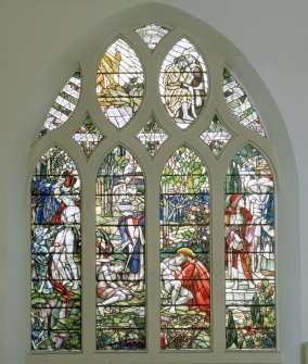 Interior, North wall and West stained glass, Falkirk Old Parish Church.