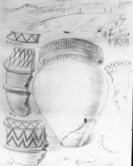 Photographic copy of drawing of urn burials. Newlands. Titled: '4 Inverted urns. Bones, No cists'.