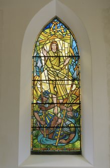 Interior. N wall E stained glass window by Charles Florence of The Risen Christ dated 1969.