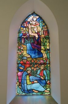 Interior. E wall Centre S stained glass window by Charles Florence of The Garden of Gethsemane