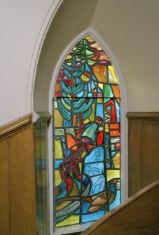 Interior.  Entrance hall W wall stained glass by Charles Florence dated 1965 of local industry, pursuits and pre historic carvings