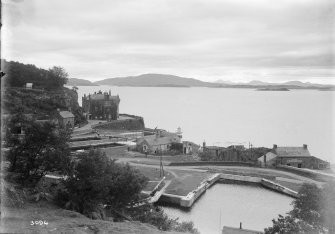 View showing Crinan canal basin and Crinan Hotel.