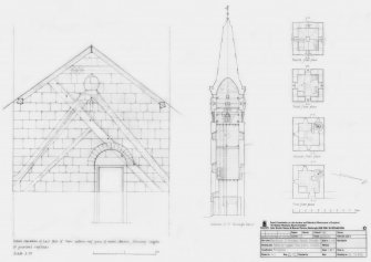St Drostan's Parish Church: 
Detail elevation of East face of Tower within the roof space of the main church showing raggles of previous rooflines at scale1:20.
Section X-X1 through the Tower at scale 1:100
Tower floor plans showing first, second, third and fourth plans at scale 1:100