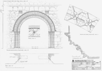 Kinloss Abbey: Section through corbel and string-course at 1:20,  reconstructed elevation (conjectural) at 1:20,  Plan of entrance at 1:20, detail of moulding at 1:2, reconstructed detail (conjectural) at 1:2, Archway profile at 1:5
