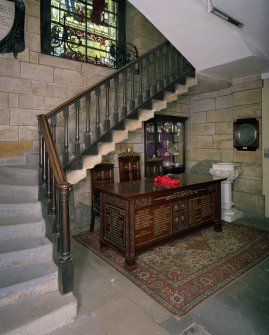 Interior. West Kirk. W Entrance lobby. Stair and Communion table. Detail