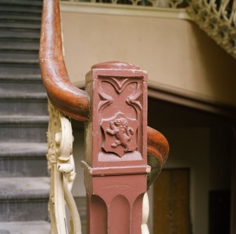 Interior. Main staircase, detail of carved lion on newel post