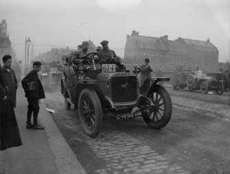 Car Rally, ? Glasgow: from Mr K. Montgomerie's family album. Mr Kenneth Montgomerie's  grandfather (John Cunninghame Montgomery) was a car enthusiast and owned Arrol Johnston 18 hp, built at the Paisley factory prior to its move to Heathall in Dumfries