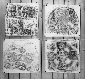 Photographic copy of four rubbings. 
The upper left and lower right rubbings shows panel detail from reverse and face of Invergowrie no 2 cross-slab, St. Peter's Churchyard, Invergowrie, Dundee. 
The upper right and lower left rubbings show face and reverse of Meigle no 7 Pictish cross slab fragment, now in Meigle Museum.
