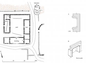 Publication drawing; plan of farmstead at Loss, with detail plan of fireplace A and reconstruction of fireplace B. 