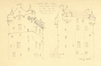 Two pencil drawings of Udny Castle, Aberdeenshire. Detail taken from drawing of buildings in the parish of Udny.