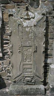 View of wall monument on south wall of tower, St Andrew's graveyard, Peebles.