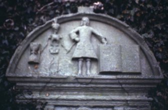 Detail of mural headstone for Andrew Riddell d. 1701, Lilliesleaf Churchyard.