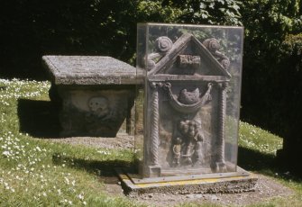 View of headstone to Janet Veitch d. 1712, Lyne Churchyard.