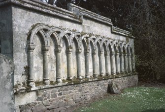 View of arched decoration on side wall of tomb, Longformacus Churchyard.