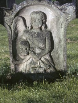  View of gravestone showing angel with hourglass, Cavers House Churchyard