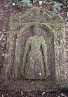 View of headstone to wife of Archibald Brown d. 1742, Kirkurd Old Churchyard.
