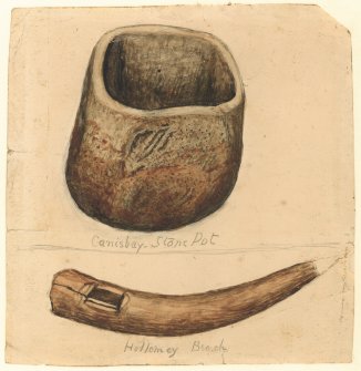 Watercolour drawing of an artefact titled ' The Canisbay Stone Pot' and a possible bone object titled ' Hollomey Broch' by John Nicolson