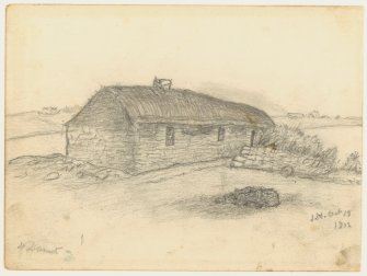 Sketched drawing of a croft house with thatched roof, with fields and buildings in the background.