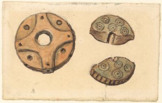 Drawing of three artefacts, highly elaborate in form and decoration; two of which are possibly part of the same object. Annotated "Freswick"