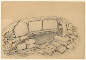 Drawing of Kirkstones broch, with a shield and a sketched plan of broch on reverse side